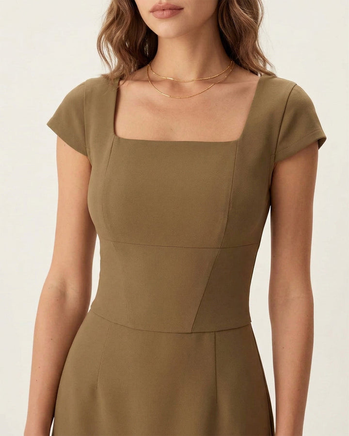 Morgan and Brooke | Brown Square Neck Cap Sleeve Mini Dress