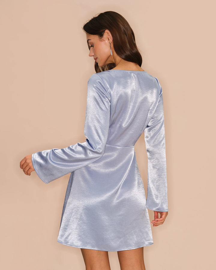 Morgan and Brooke | Satin Mini Dress for Women in Blue with Bell Sleeves