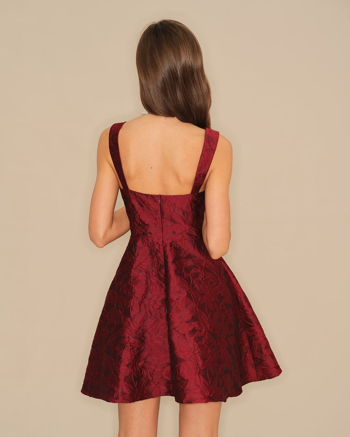 Morgan and Brooke | Wine Red Jacquard Mini Dress