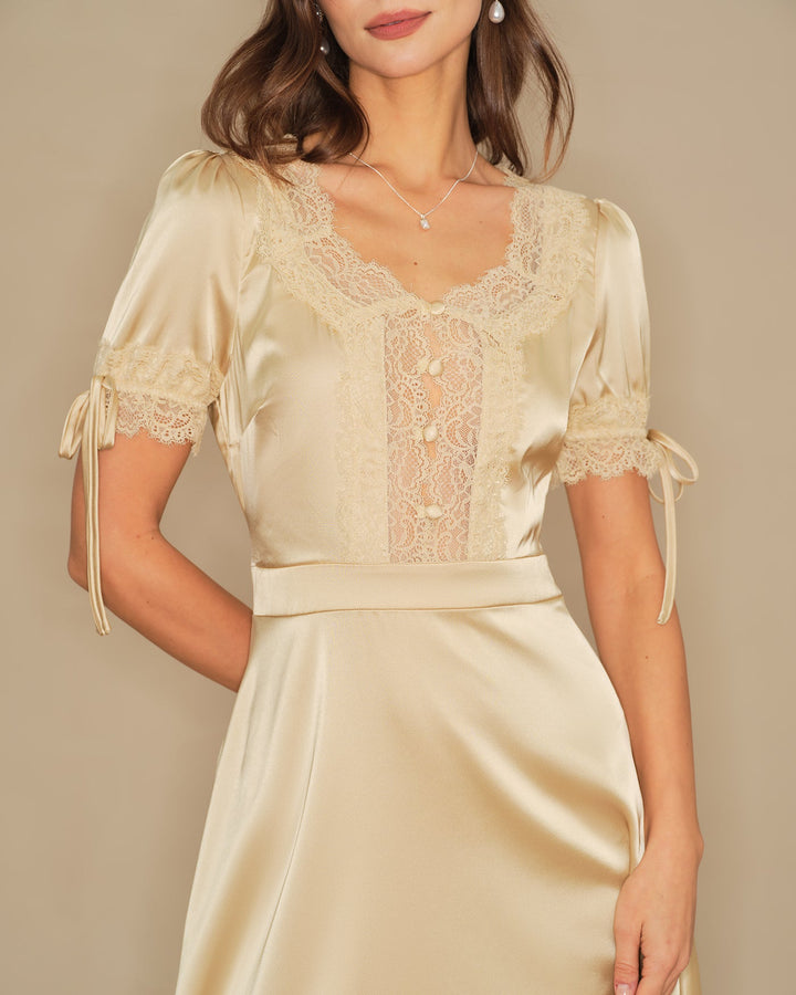 Morgan and Brooke | V Neck Lace Satin Mini Dress for Women in Apricot