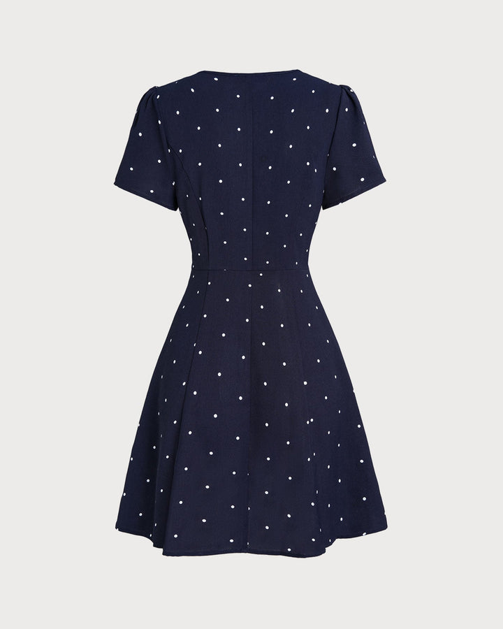 Morgan and Brooke | V Neck Polka Dot Button Mini Dress, Blue