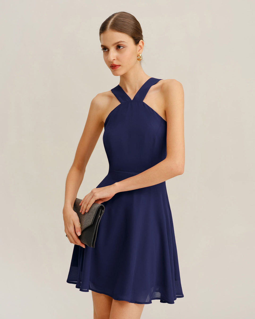 Morgan and Brooke | Chiffon A-Line Mini Dress in Navy