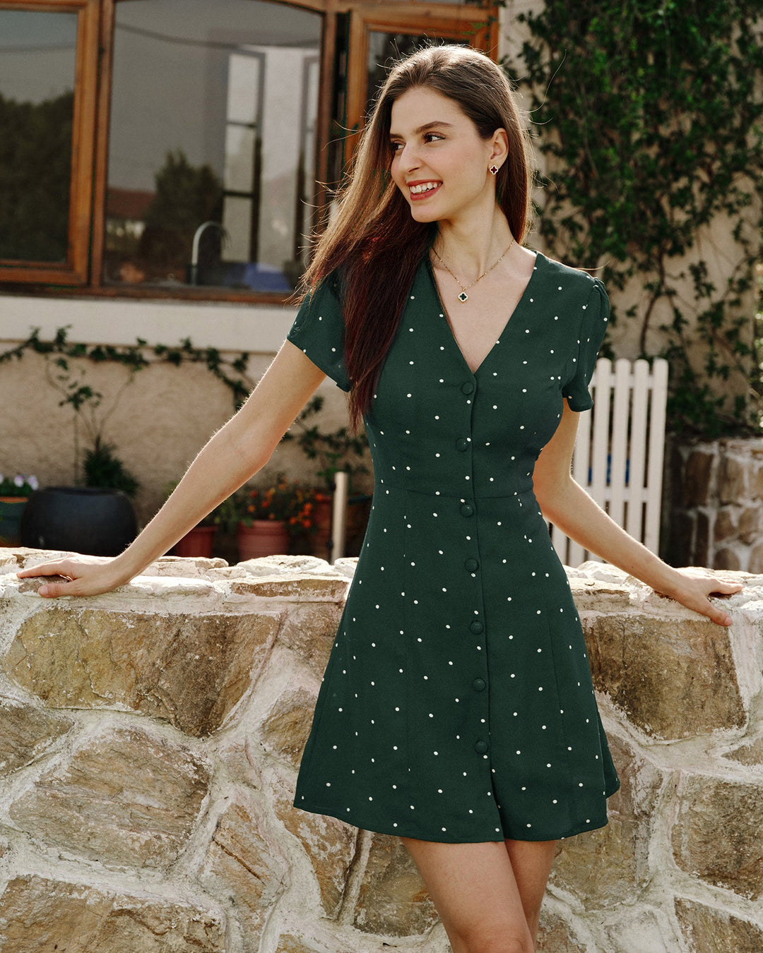 Morgan and Brooke | V Neck Polka Dot Mini Dress for Women in Green