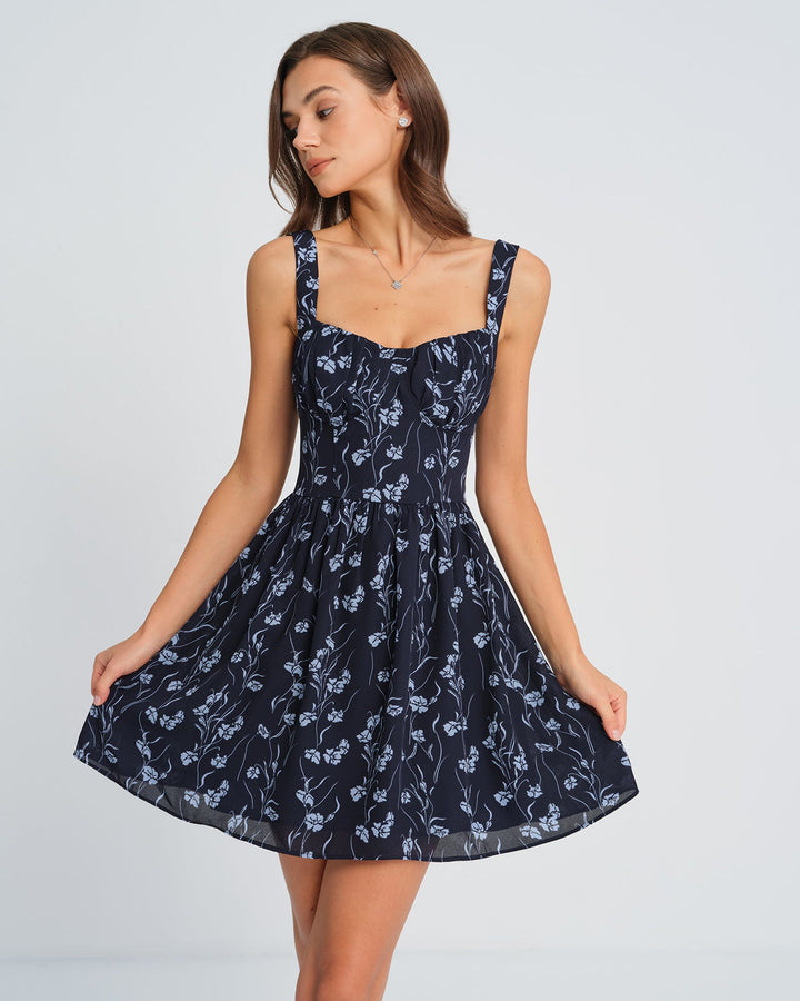 Morgan and Brooke | Floral Mini Dress for Women in Navy with Sweetheart Neck
