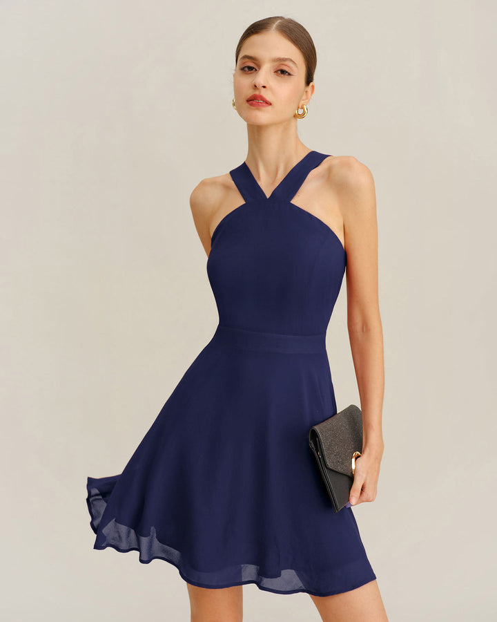 Morgan and Brooke | Chiffon A-Line Mini Dress in Navy