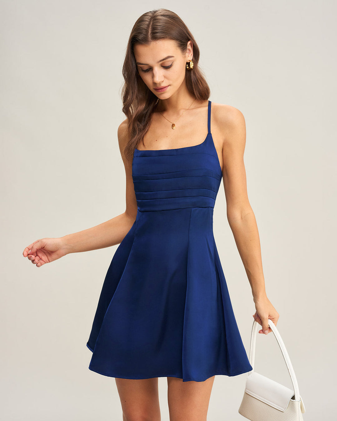 Morgan and Brooke | Satin Pleated Mini Dress for Women in Navy