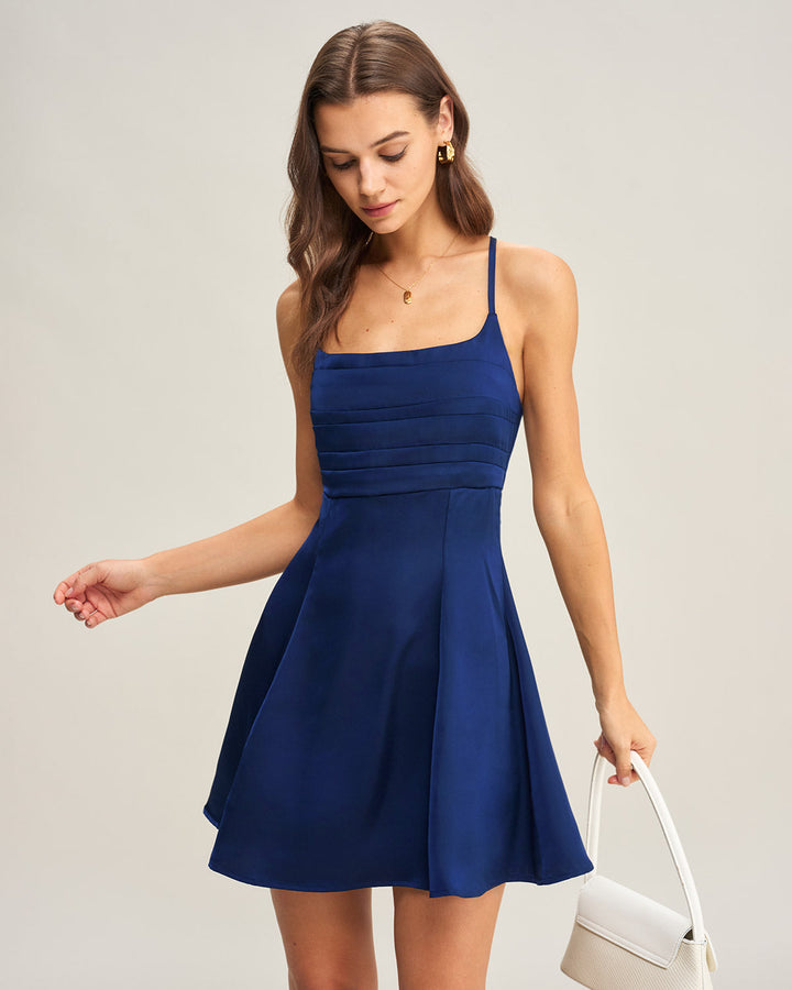 Morgan and Brooke | Satin Pleated Mini Dress for Women in Navy