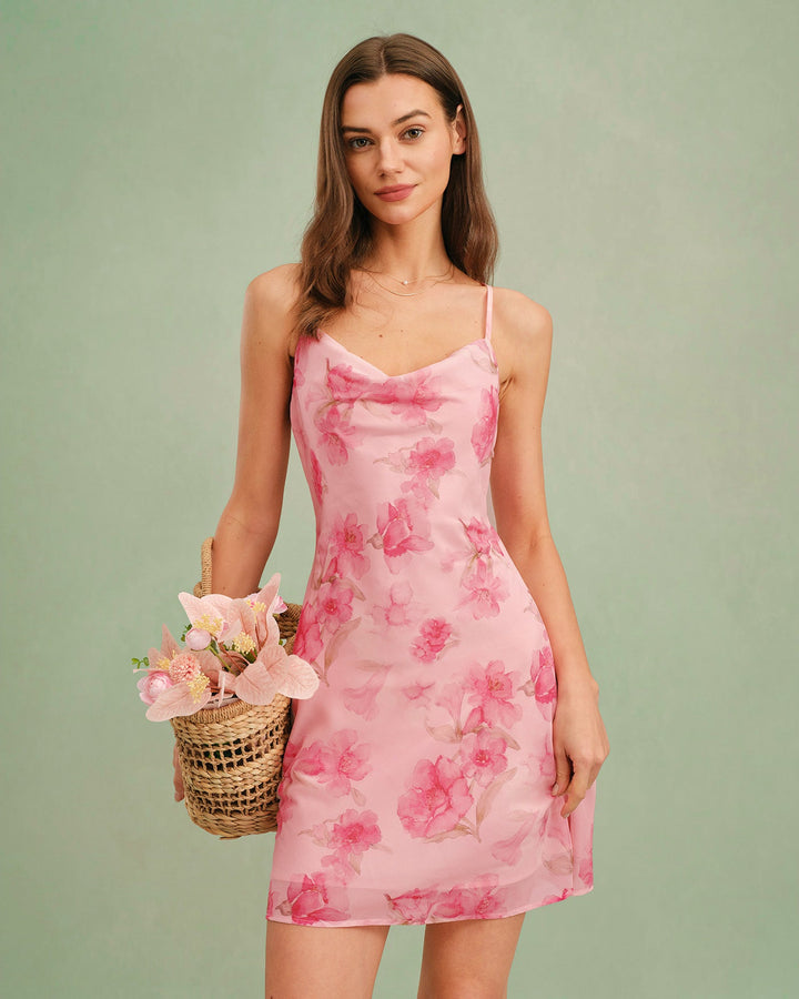 Morgan and Brooke | Floral Slip Mini Dress for Women in Pink with Cowl Neck