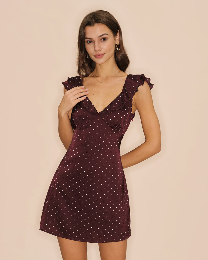 Morgan and Brooke | V Neck Polka Dot Satin Mini Dress in Purple