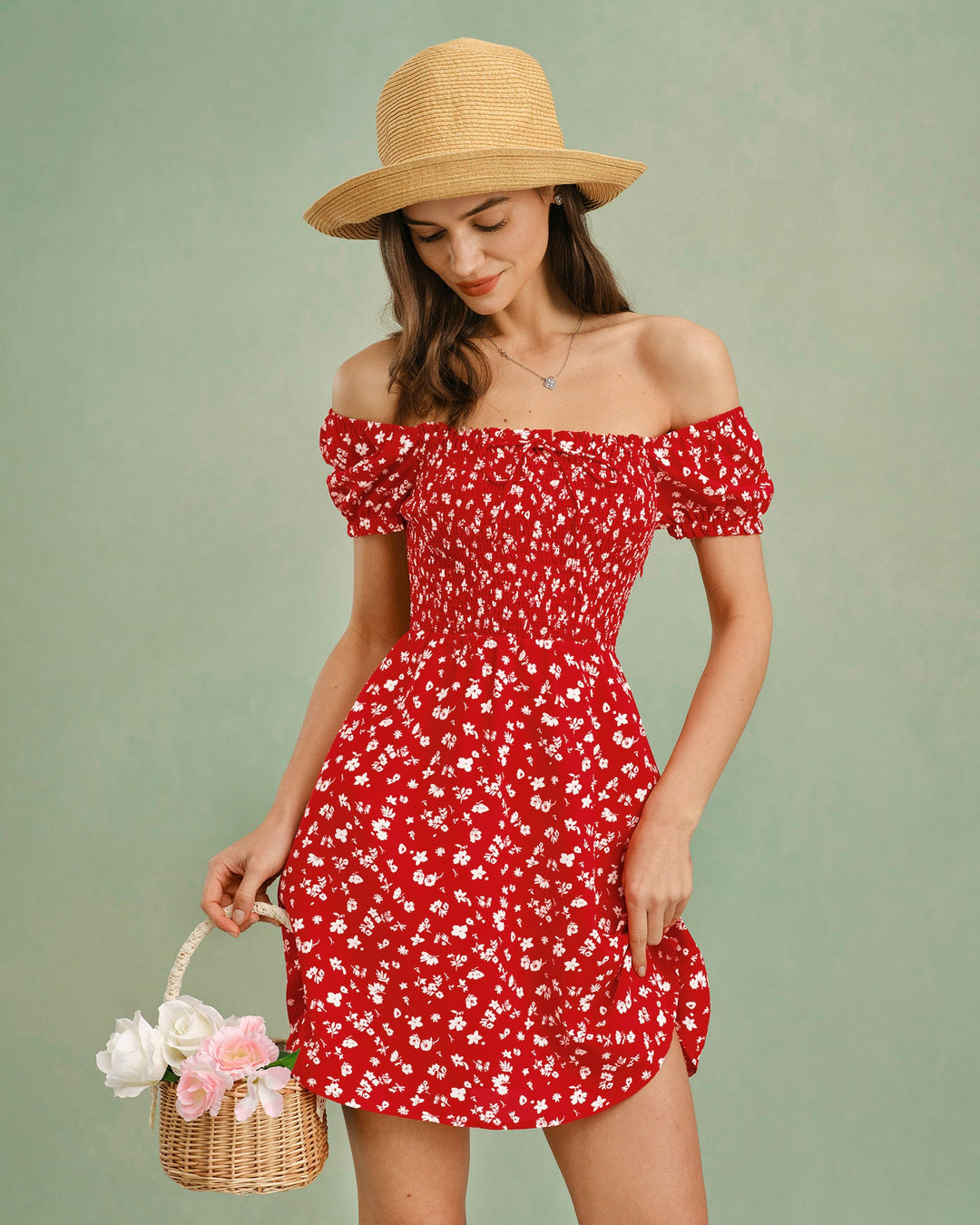 Morgan and Brooke | Floral Mini Dress for Women in Red with Square Neck