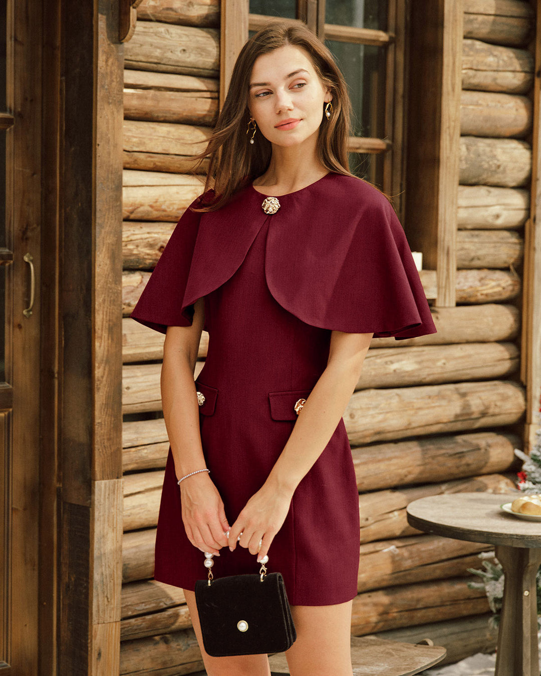 Morgan and Brooke | Cape Sleeve Pocket Mini Dress for Women in Wine Red