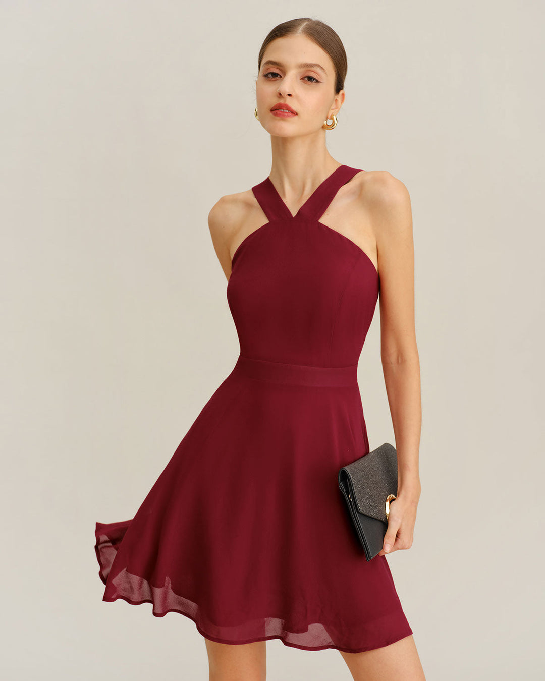 Morgan and Brooke | Chiffon A-Line Mini Dress for Women in Wine Red