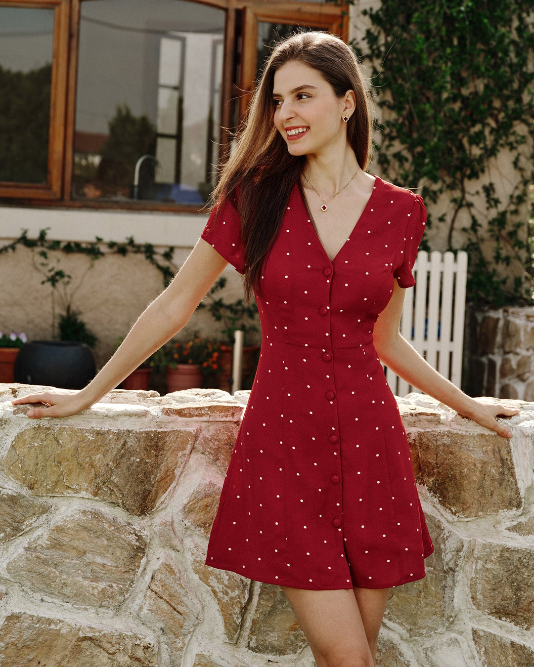 Morgan and Brooke | V Neck Polka Dot Mini Dress in Wine Red