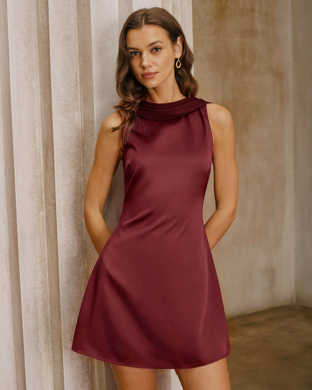 Morgan and Brooke | Satin Cowl Neck Backless Mini Dress in Wine Red