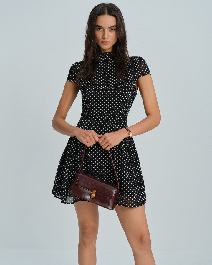 Morgan and Brooke | Chiffon Mini Dress for Women in Black with Polka Dots