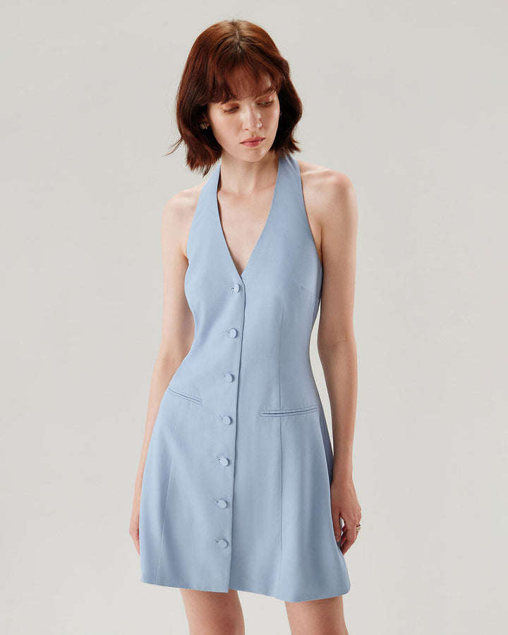 Morgan and Brooke | Halter Mini Dress in Blue with Button Pocket