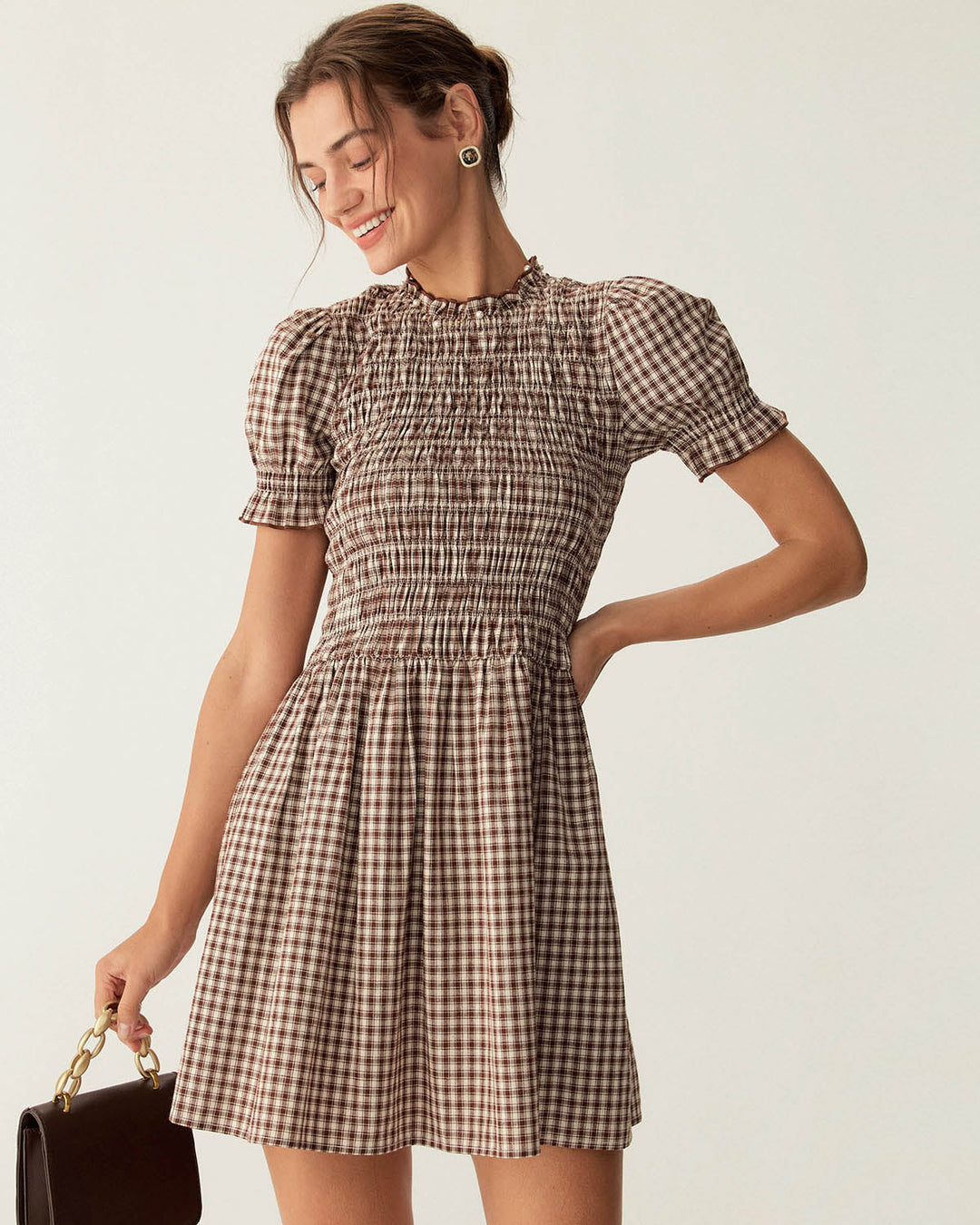 Morgan and Brooke | Gingham Puffed Sleeve Mini Dress for Women in Coffee