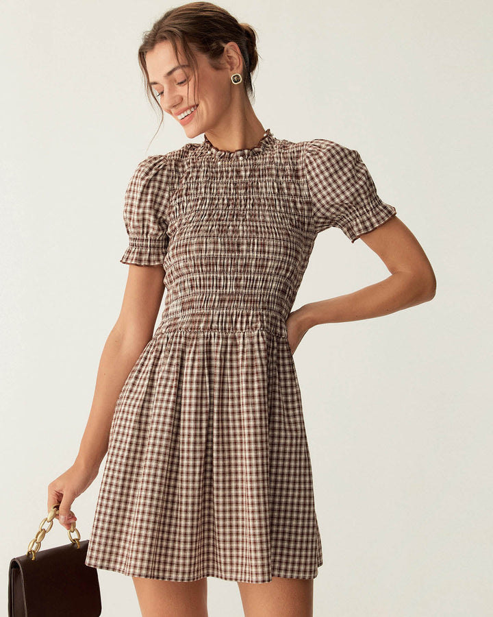 Morgan and Brooke | Gingham Puffed Sleeve Mini Dress for Women in Coffee