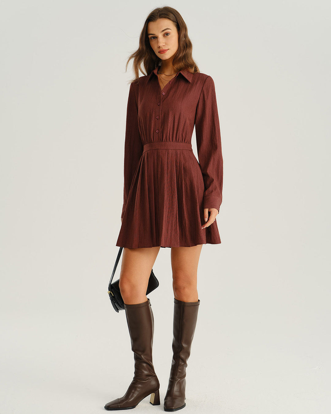 Morgan and Brooke | A-Line Pleated Mini Dress, Brick Red