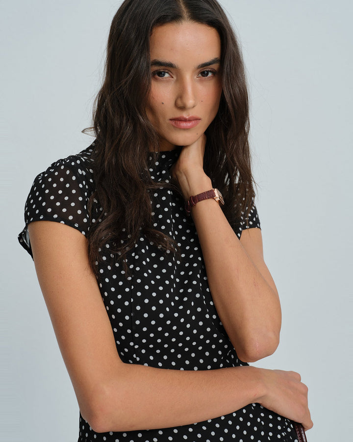 Morgan and Brooke | Chiffon Mini Dress for Women in Black with Polka Dots