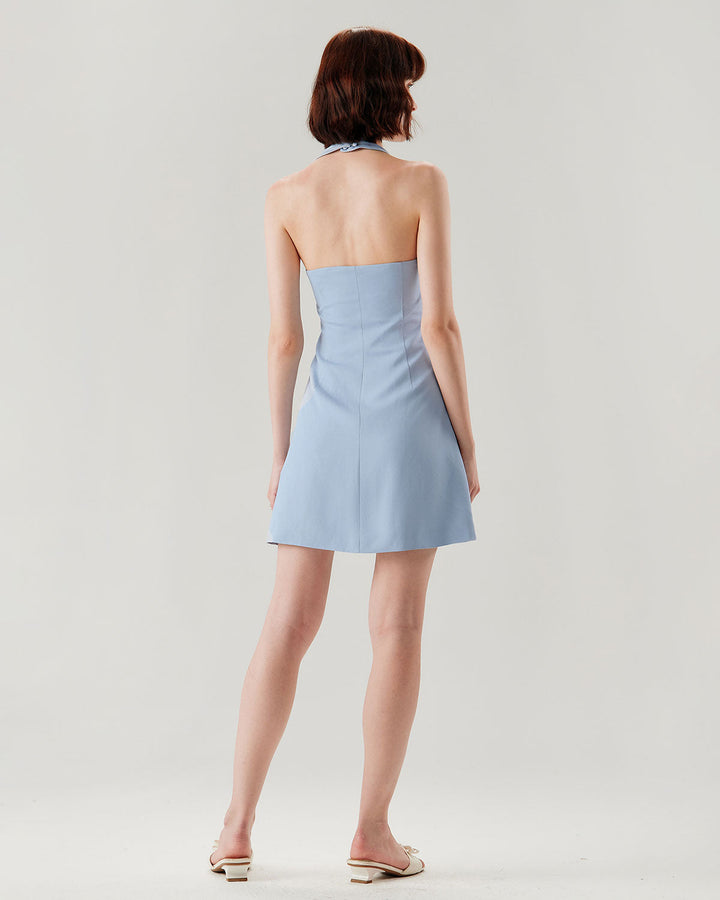 Morgan and Brooke | Halter Mini Dress in Blue with Button Pocket