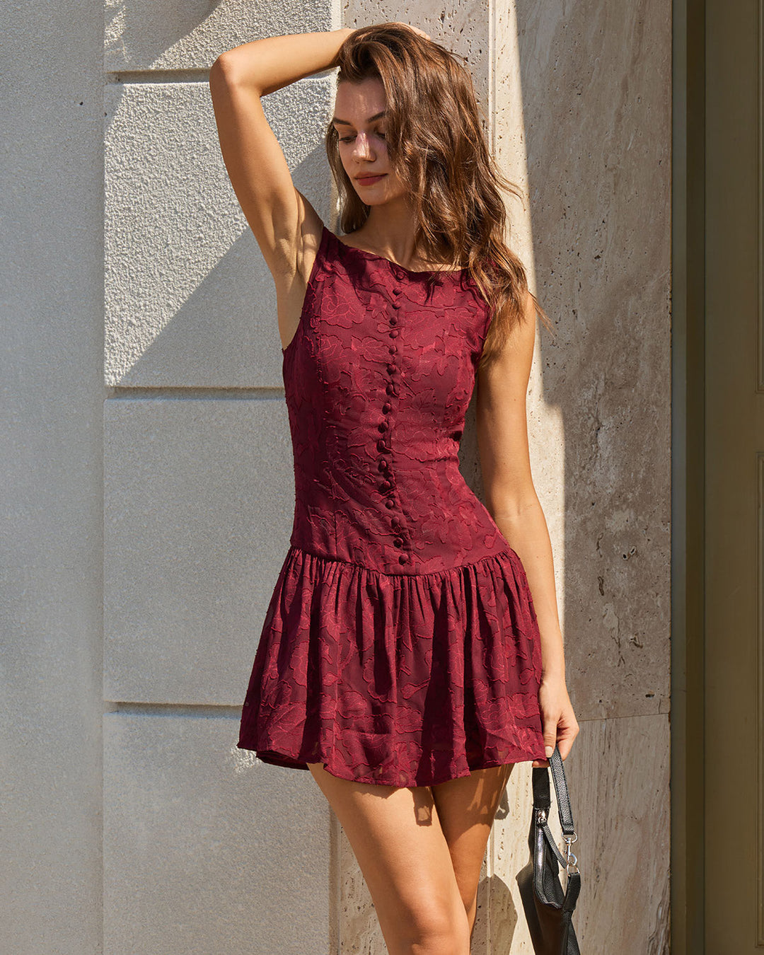 Morgan and Brooke | Jacquard Boat Neck A-Line Mini Dress, Red