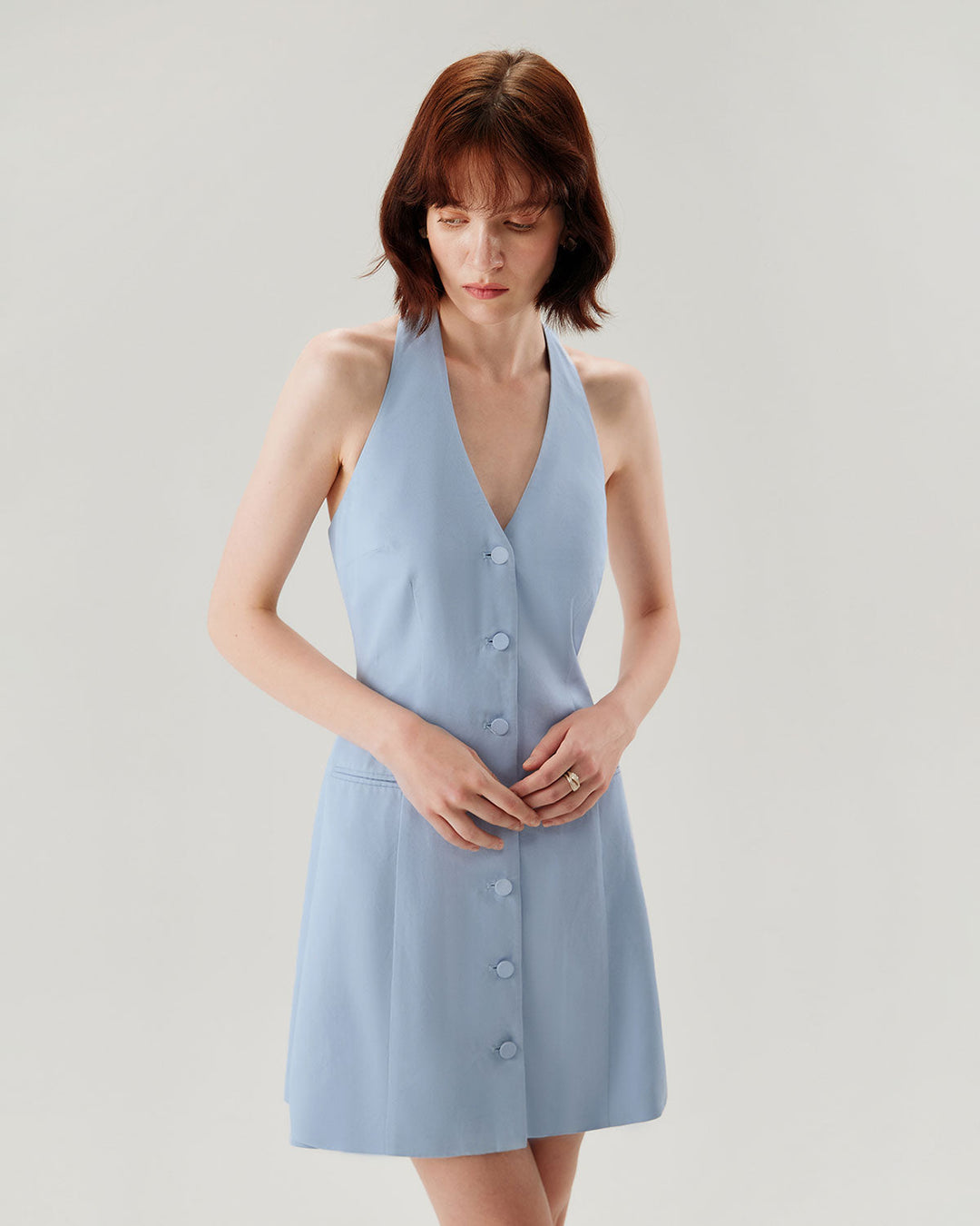 Morgan and Brooke | Halter Mini Dress in Blue with Button Pocket