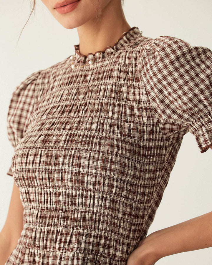 Morgan and Brooke | Gingham Puffed Sleeve Mini Dress for Women in Coffee