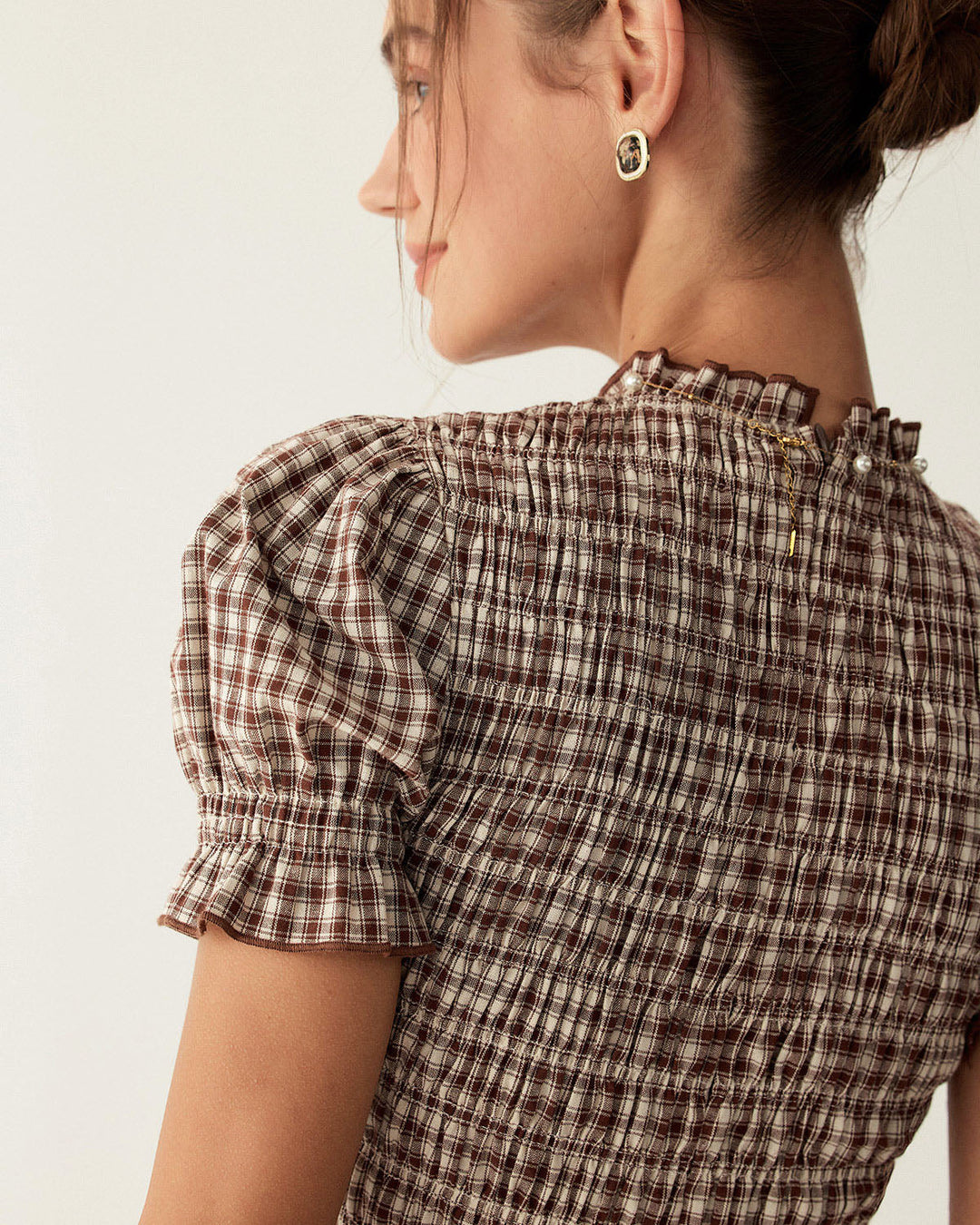 Morgan and Brooke | Gingham Puffed Sleeve Mini Dress for Women in Coffee