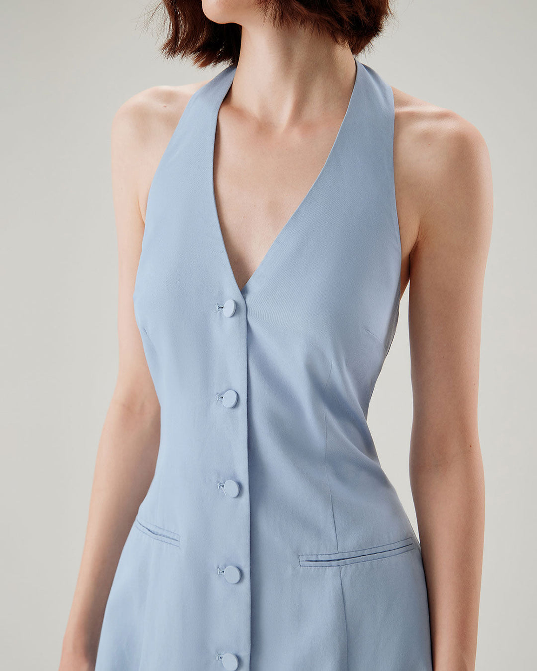 Morgan and Brooke | Halter Mini Dress in Blue with Button Pocket