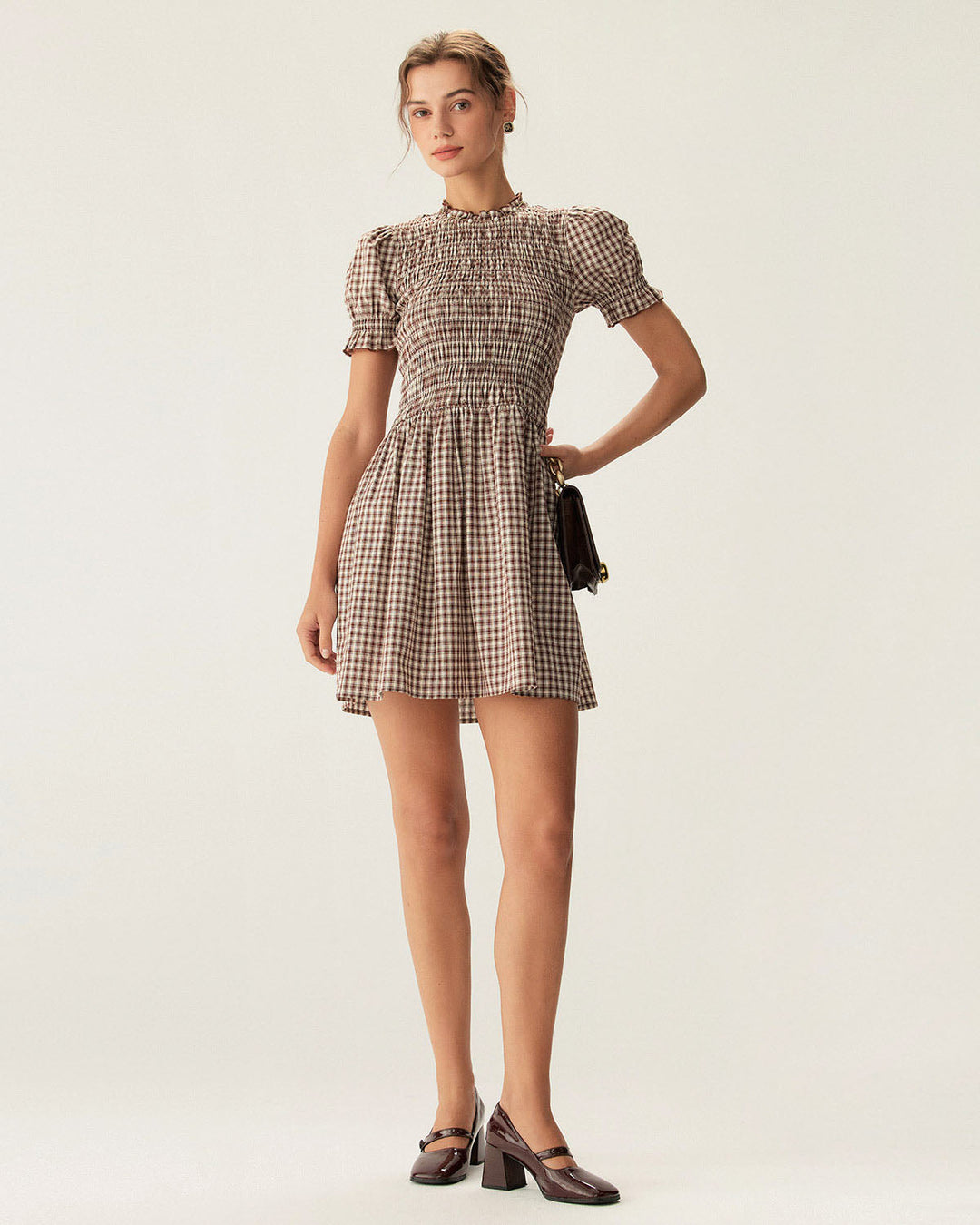 Morgan and Brooke | Gingham Puffed Sleeve Mini Dress for Women in Coffee