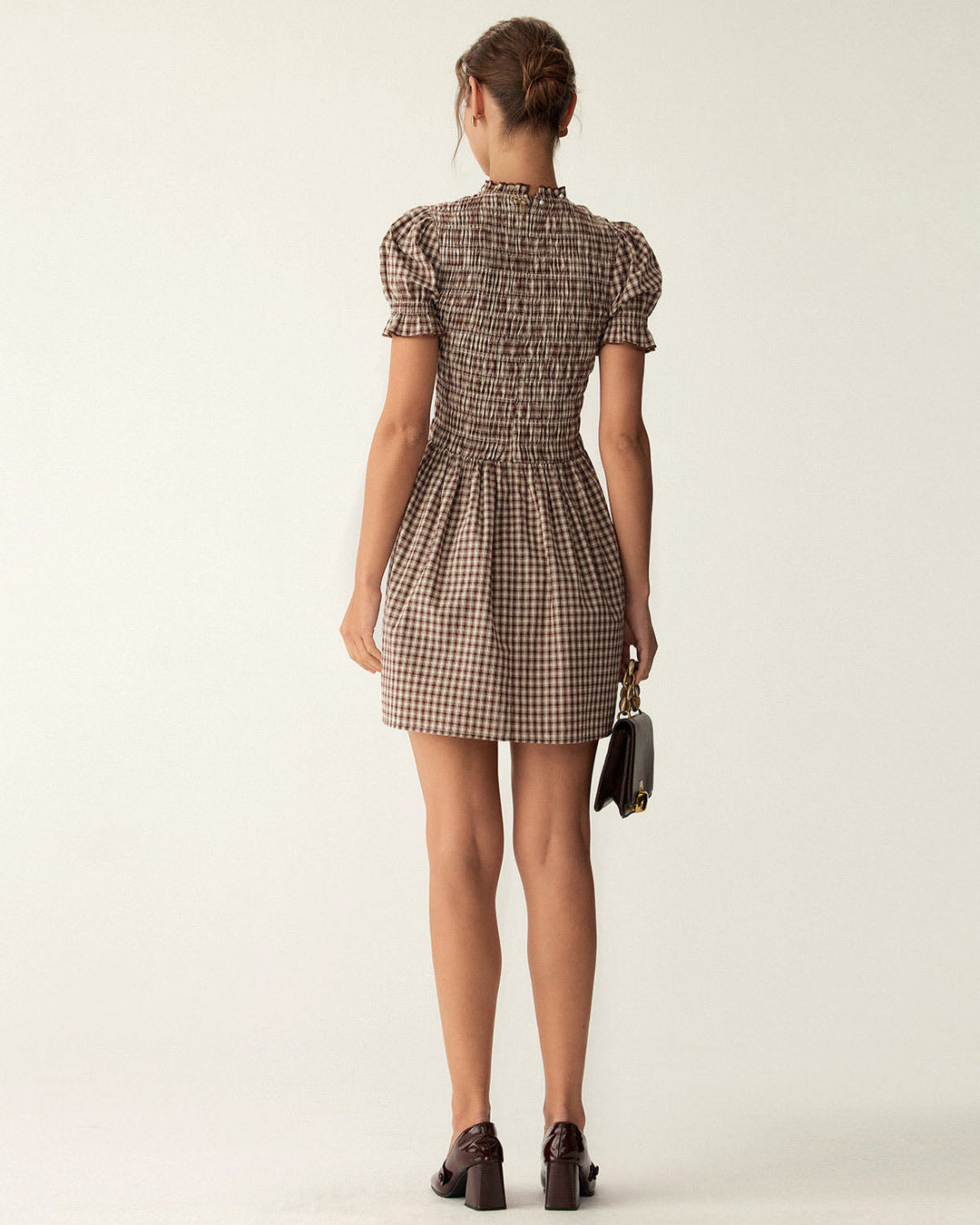 Morgan and Brooke | Gingham Puffed Sleeve Mini Dress for Women in Coffee