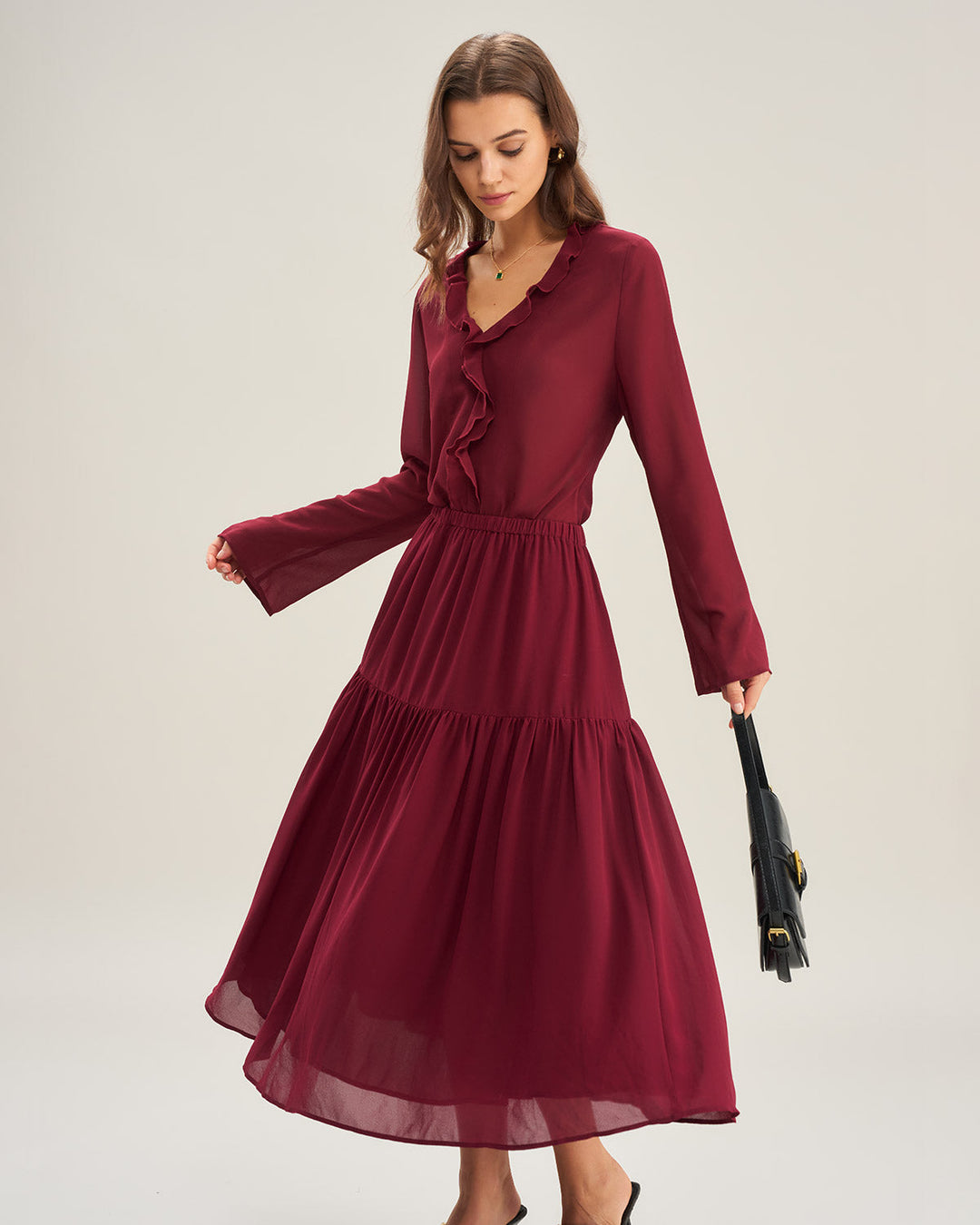 Morgan and Brooke | Ruffle Chiffon Shirt for Women in Wine Red