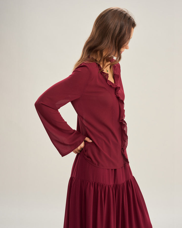 Morgan and Brooke | Ruffle Chiffon Shirt for Women in Wine Red