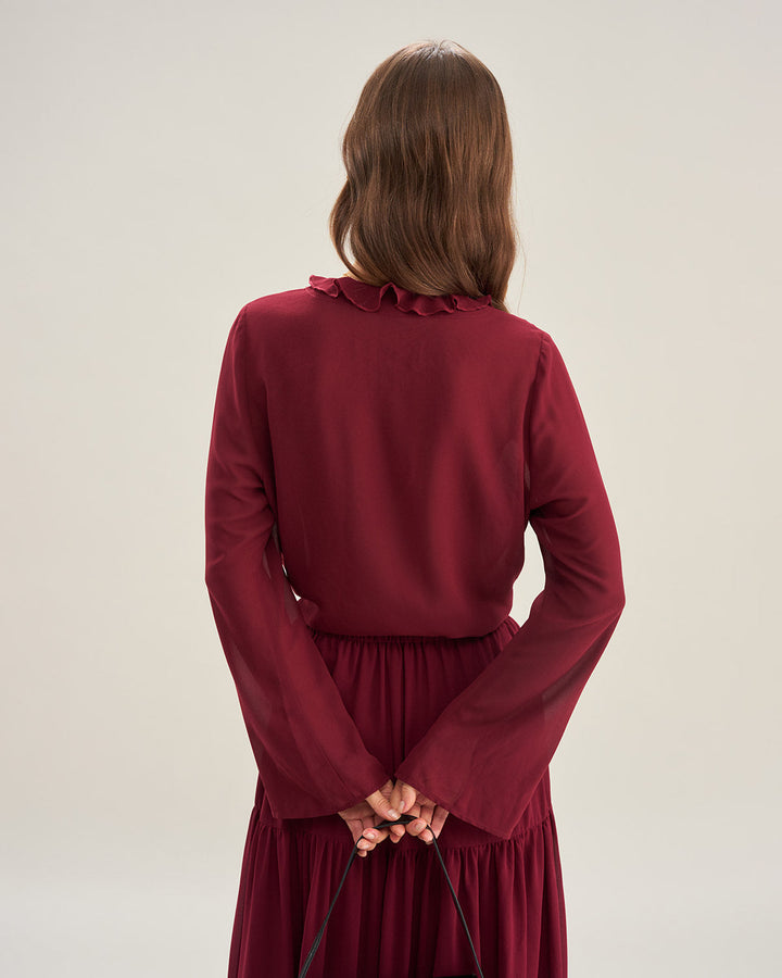 Morgan and Brooke | Ruffle Chiffon Shirt for Women in Wine Red