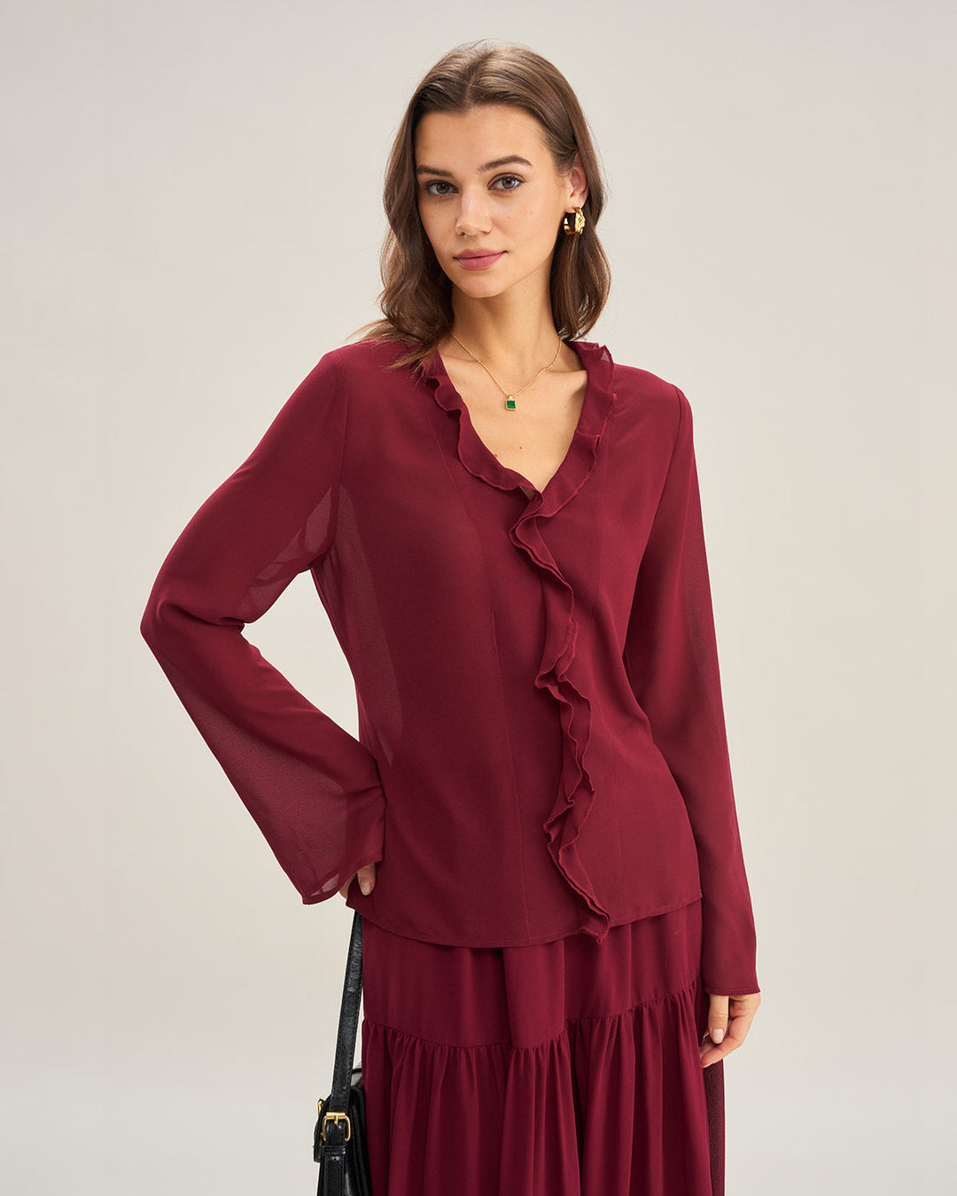 Morgan and Brooke | Ruffle Chiffon Shirt for Women in Wine Red