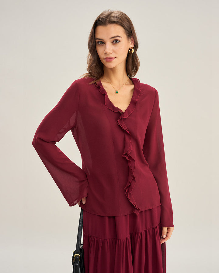 Morgan and Brooke | Ruffle Chiffon Shirt for Women in Wine Red