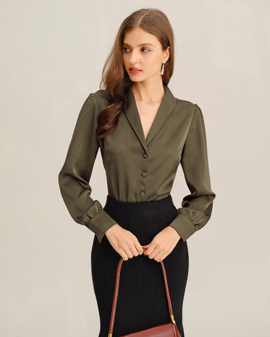 Morgan and Brooke | Satin V-Neck Office Shirt for Women in Green
