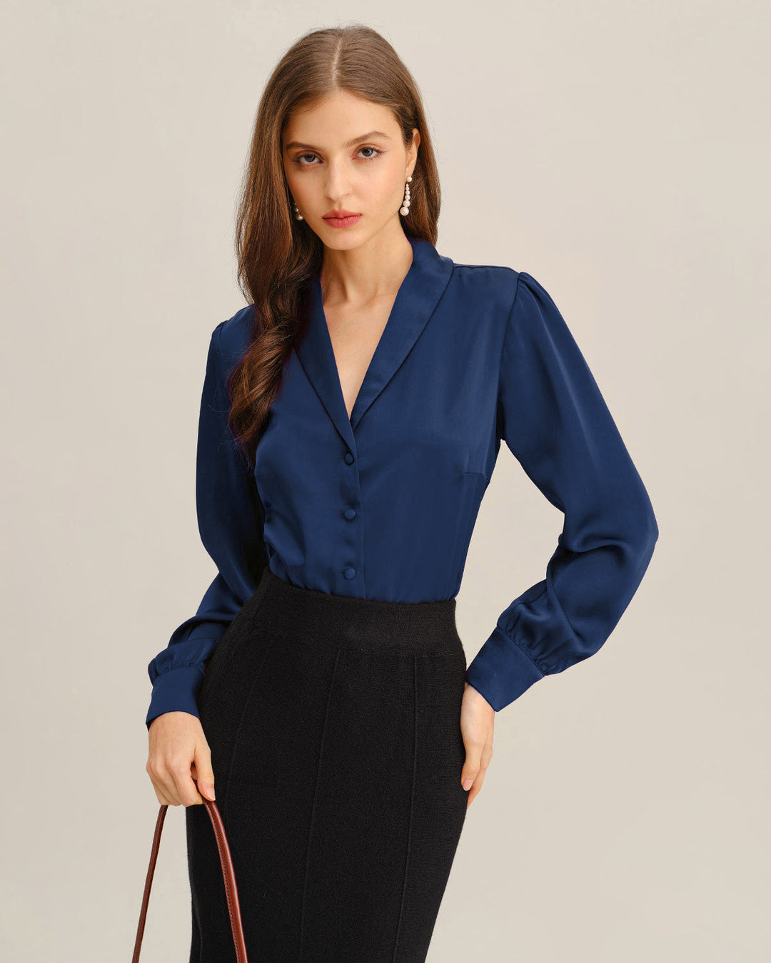 Morgan and Brooke | Satin Shirt for Women in Navy