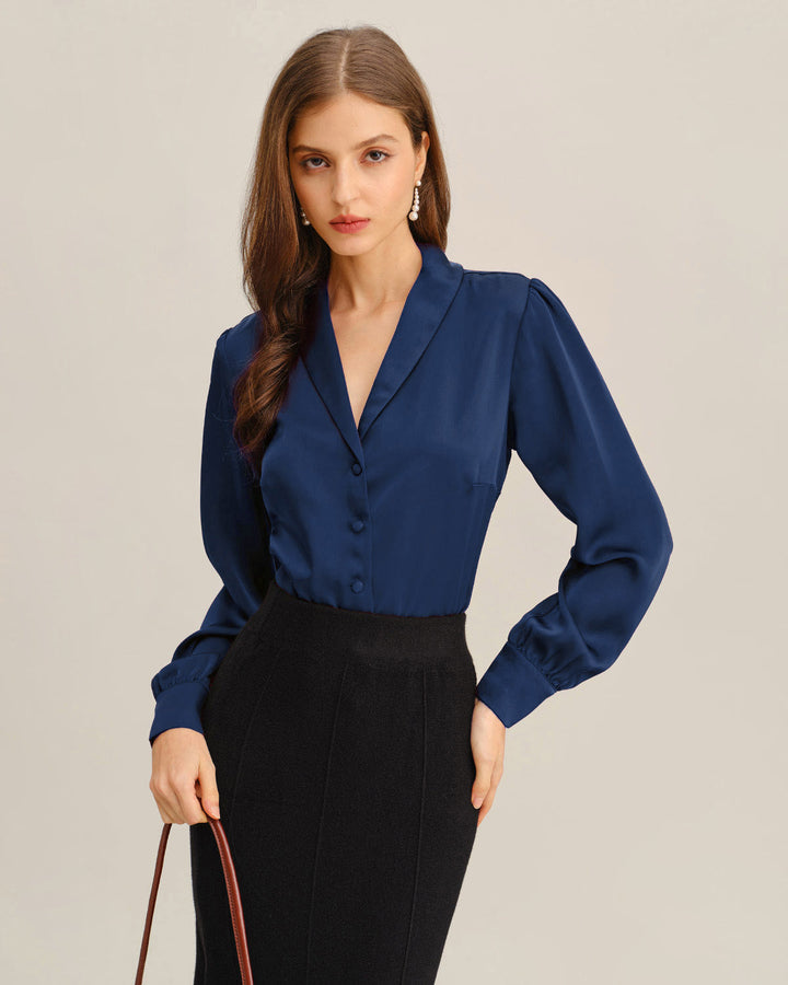 Morgan and Brooke | Satin Shirt for Women in Navy