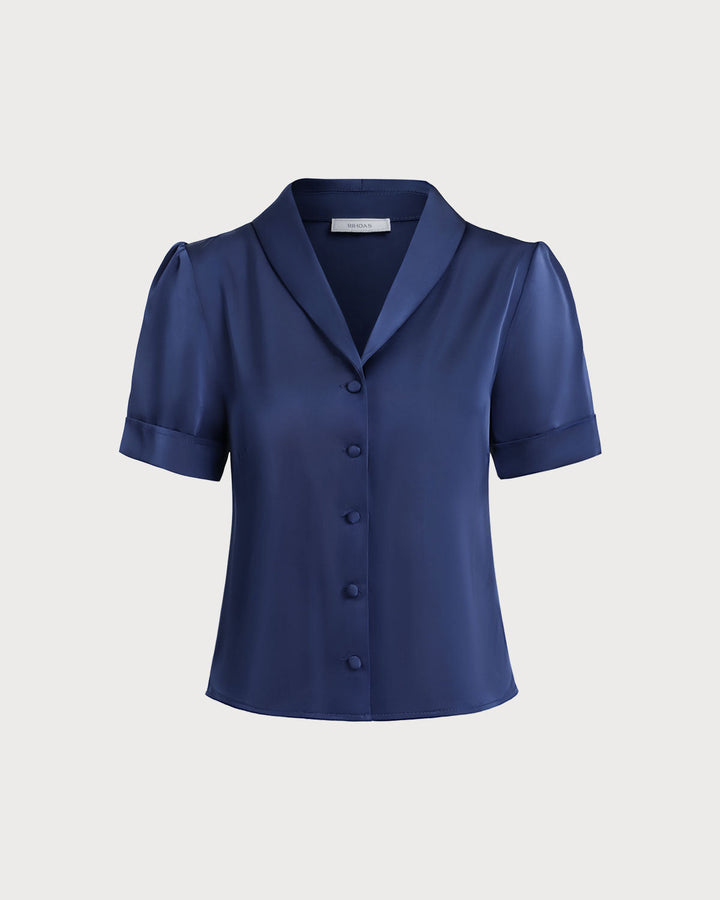 Morgan and Brooke | Satin Button Blouse for Women in Navy