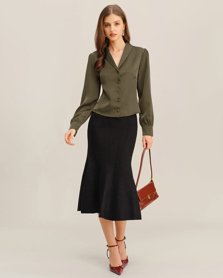 Morgan and Brooke | Satin V-Neck Office Shirt for Women in Green