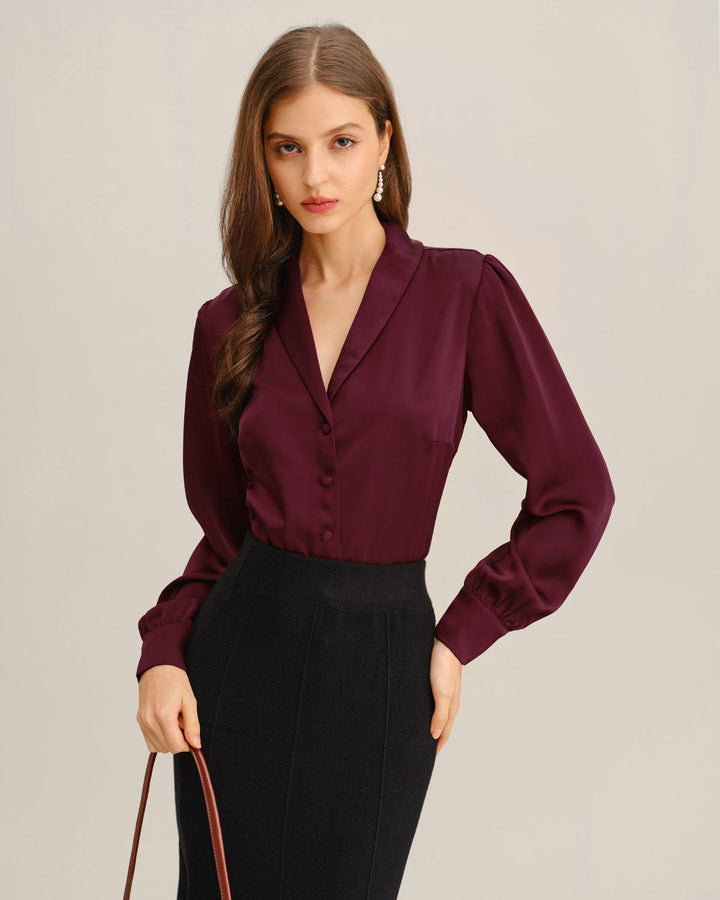 Morgan and Brooke | Satin Button Shirt for Women in Wine Red