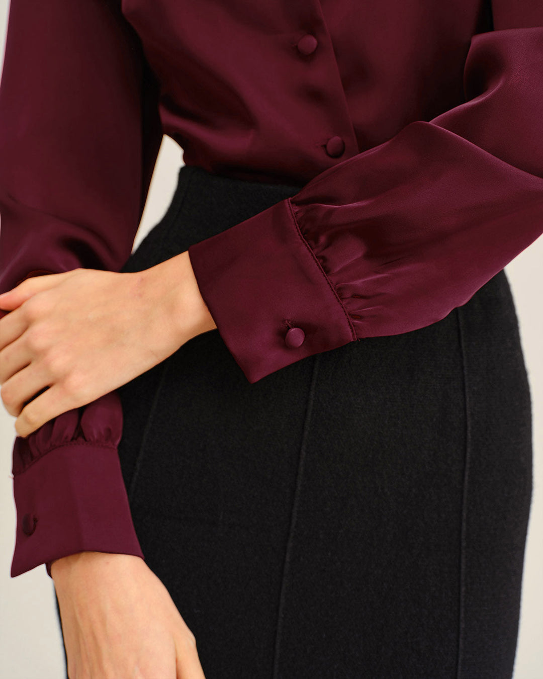 Morgan and Brooke | Satin Button Shirt for Women in Wine Red