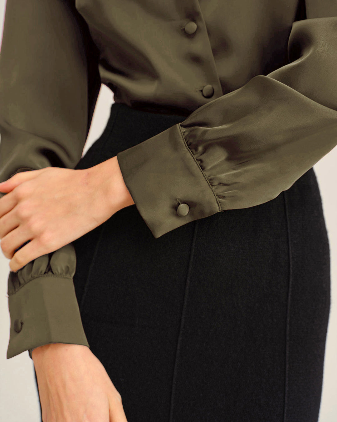 Morgan and Brooke | Satin V-Neck Office Shirt for Women in Green