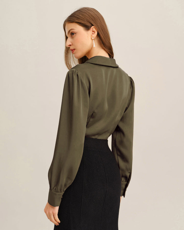 Morgan and Brooke | Satin V-Neck Office Shirt for Women in Green