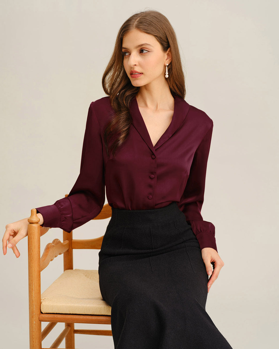 Morgan and Brooke | Satin Button Shirt for Women in Wine Red