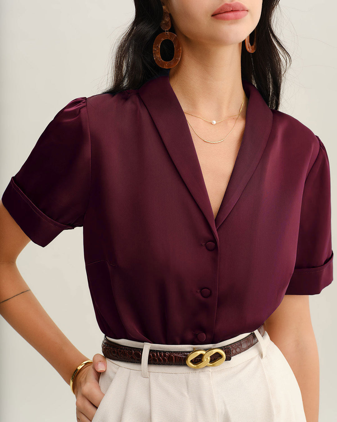 Morgan and Brooke | Satin Blouse for Women in Wine Red