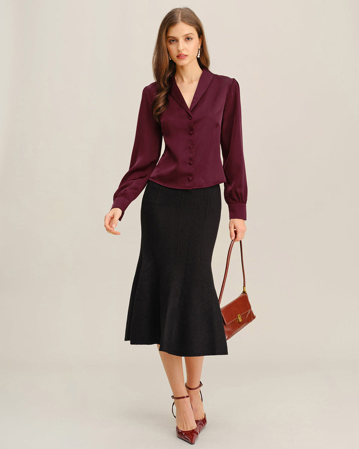 Morgan and Brooke | Satin Button Shirt for Women in Wine Red