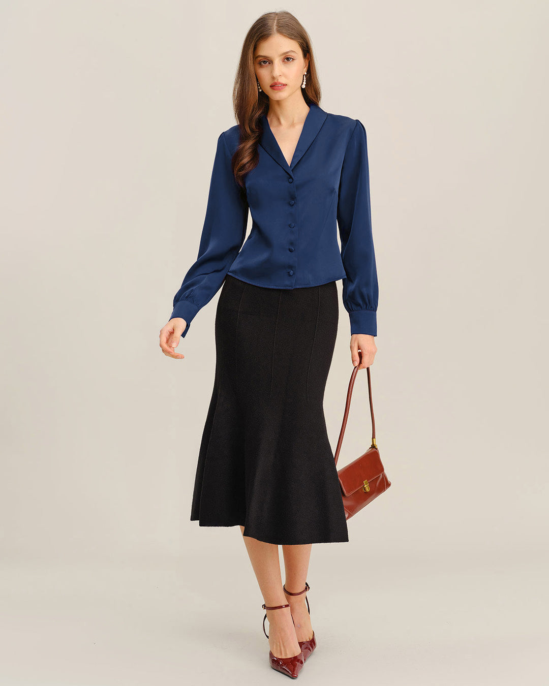 Morgan and Brooke | Satin Shirt for Women in Navy